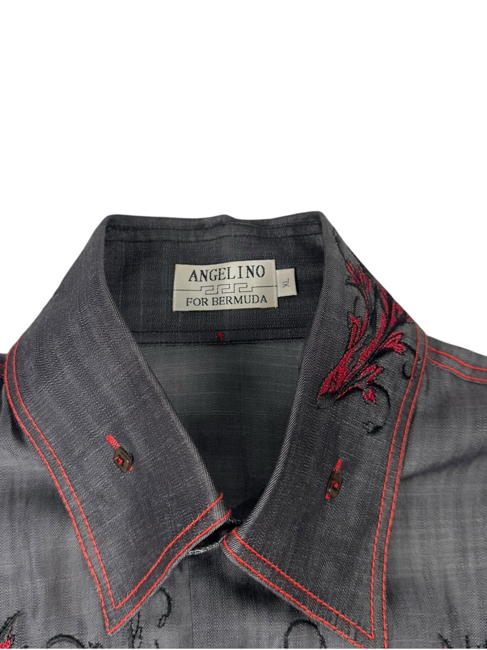Angelino For Bermuda Button Up Shirt Mens XL Gray Embroidered Red Vines Leaves - Picture 8 of 8